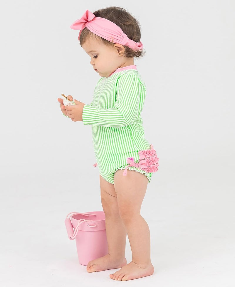 RuffleButts Spring Green Seersucker Seersucker Long Sleeve One Piece Rash Guard - 12-18m - Image 4