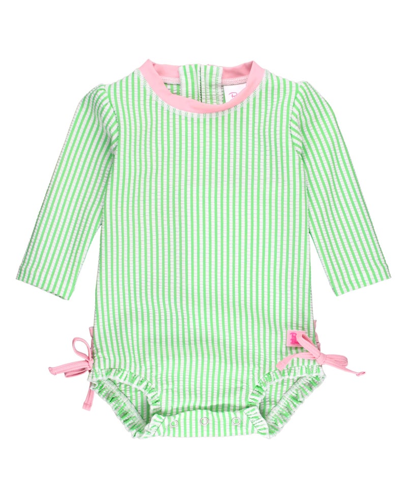 RuffleButts Spring Green Seersucker Seersucker Long Sleeve One Piece Rash Guard - 12-18m - Image 1