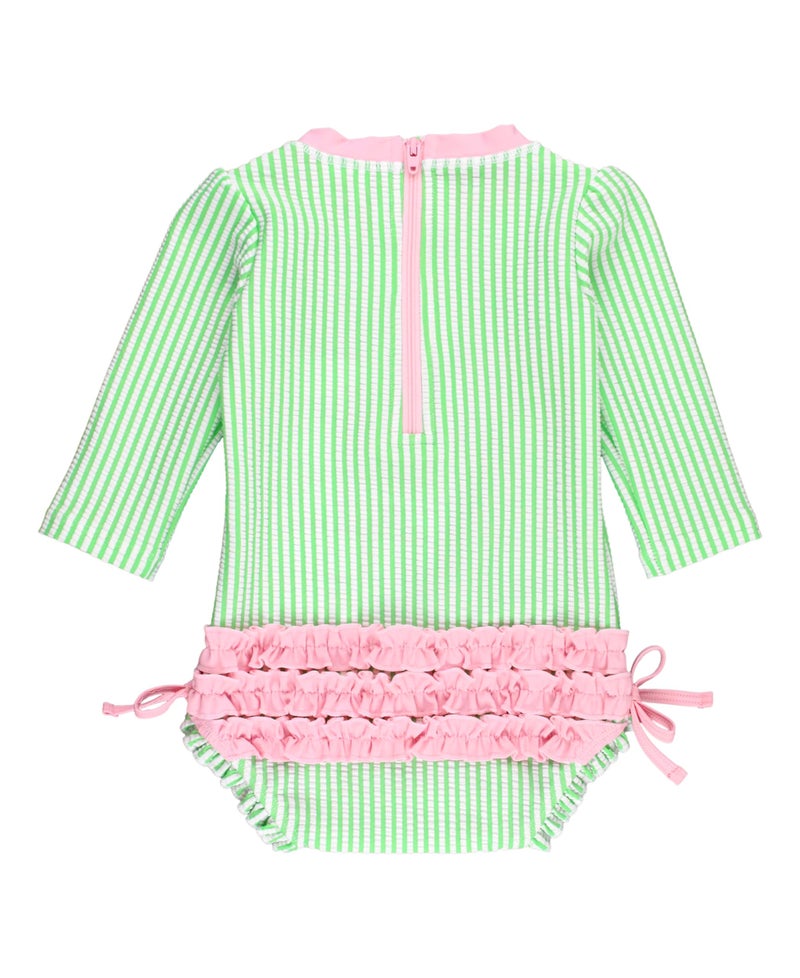 RuffleButts Spring Green Seersucker Seersucker Long Sleeve One Piece Rash Guard - 12-18m - Image 3