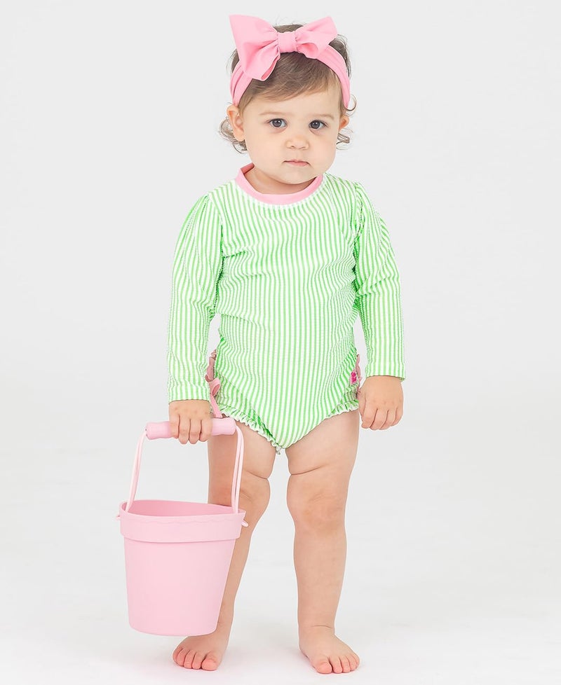 RuffleButts Spring Green Seersucker Seersucker Long Sleeve One Piece Rash Guard - 12-18m - Image 2
