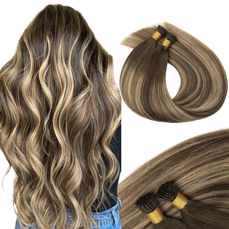 MAXITA I Tip Hair Extensions, 50g/50s, Chocolate Brown to Caramel Blonde 18 Inch Comfortable Wear, Invisible & Natural Cold Fusion, 100% Remy Human Hair Itip Keratin Extensions