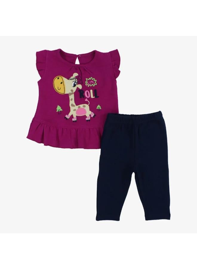 Baby Girls Cotton Pajama Set – Fuchsia with Giraffe Print - Image 1