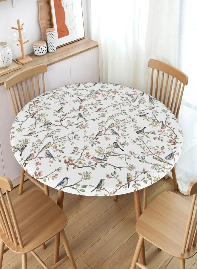 Aytipun Spring Round Fitted Tablecloth with Elastic for 40-44 Inch Tables Floral Birds Branch Twig Print Summer Fitted Table Cover Waterproof Seasonal Theme Farmhouse Indoor Outdoor Patio Picnic Party - Image 2