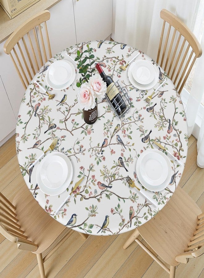 Aytipun Spring Round Fitted Tablecloth with Elastic for 40-44 Inch Tables Floral Birds Branch Twig Print Summer Fitted Table Cover Waterproof Seasonal Theme Farmhouse Indoor Outdoor Patio Picnic Party - Image 3