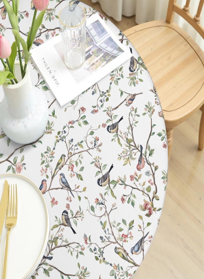 Aytipun Spring Round Fitted Tablecloth with Elastic for 40-44 Inch Tables Floral Birds Branch Twig Print Summer Fitted Table Cover Waterproof Seasonal Theme Farmhouse Indoor Outdoor Patio Picnic Party - Image 4