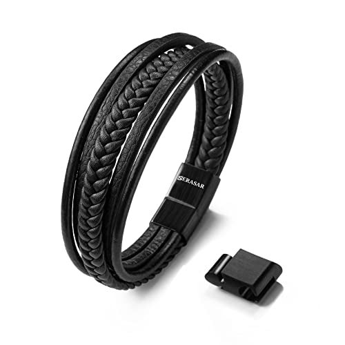 SERASAR Men's Black Leather Bracelet, 17cm, Leather, Genuine Gift Box, Braided Cowhide, Adjustable Magnetic Clasp, Multi-layer Rope - Image 1