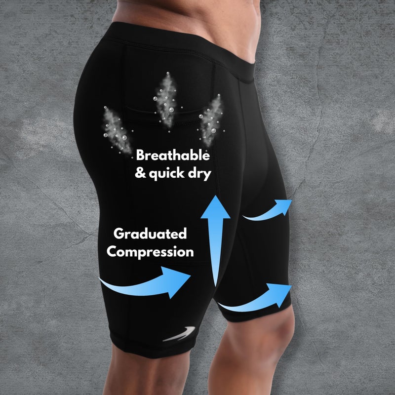 CompressionZ Menâ€™s Compression Shorts Workout & Training | Performance Spandex Baselayer Athletic Gym, Running, Rowing Underwear Black W/Pockets 8" Large - Image 3