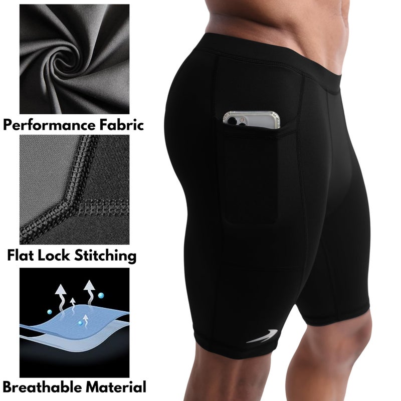 CompressionZ Menâ€™s Compression Shorts Workout & Training | Performance Spandex Baselayer Athletic Gym, Running, Rowing Underwear Black W/Pockets 8" Large - Image 5