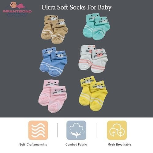 Infantbond New Born Baby Cotton Baby Socks Multicolor Socks (Pack of 6 | 0-6 Months) (Mix colours & designs) - Image 3