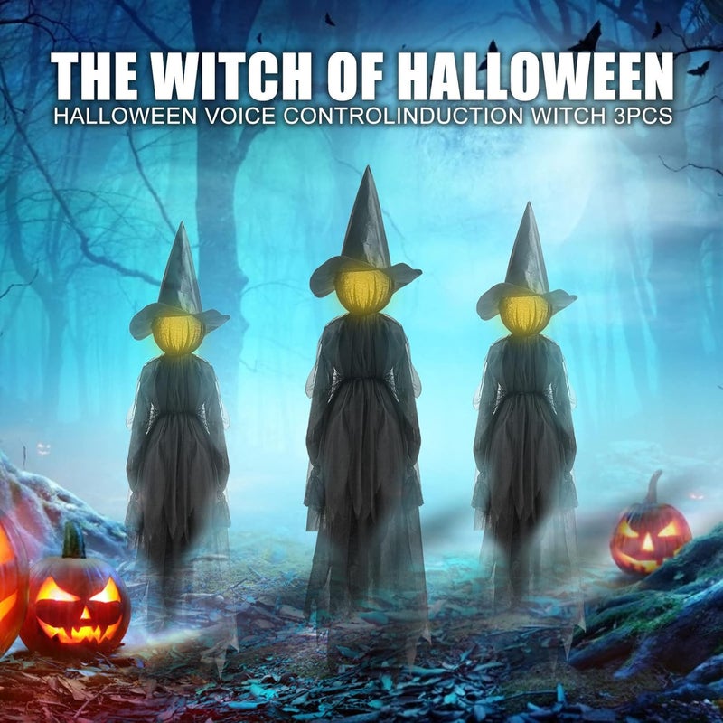 woobles Halloween Witch Decorations, Holding Hands Waterproof Glowing Stakes, Sound-Activated Sensor Light UP Witches, Life Size Scary Decor for Outside Yard Lawn Garden Party (1), Black 1 - Image 4