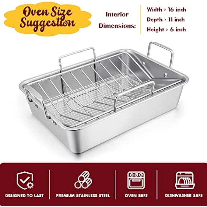 E-far Roasting Pan 14 Inch Stainless Steel Turkey Roaster With Rack Include Deep Lasagna Pan  VShaped Rack  Roasting Rack NonToxic  Heavy Duty Easy Clean  Dishwasher Safe  Rectangular - Image 4
