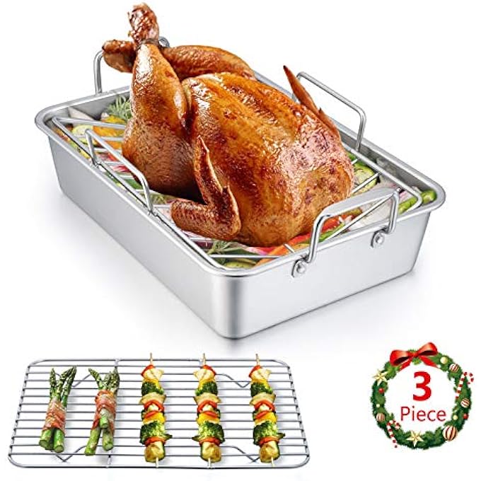 E-far Roasting Pan 14 Inch Stainless Steel Turkey Roaster With Rack Include Deep Lasagna Pan  VShaped Rack  Roasting Rack NonToxic  Heavy Duty Easy Clean  Dishwasher Safe  Rectangular - Image 1