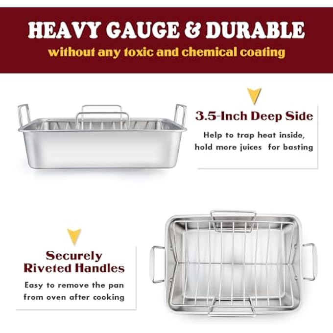 E-far Roasting Pan 14 Inch Stainless Steel Turkey Roaster With Rack Include Deep Lasagna Pan  VShaped Rack  Roasting Rack NonToxic  Heavy Duty Easy Clean  Dishwasher Safe  Rectangular - Image 5