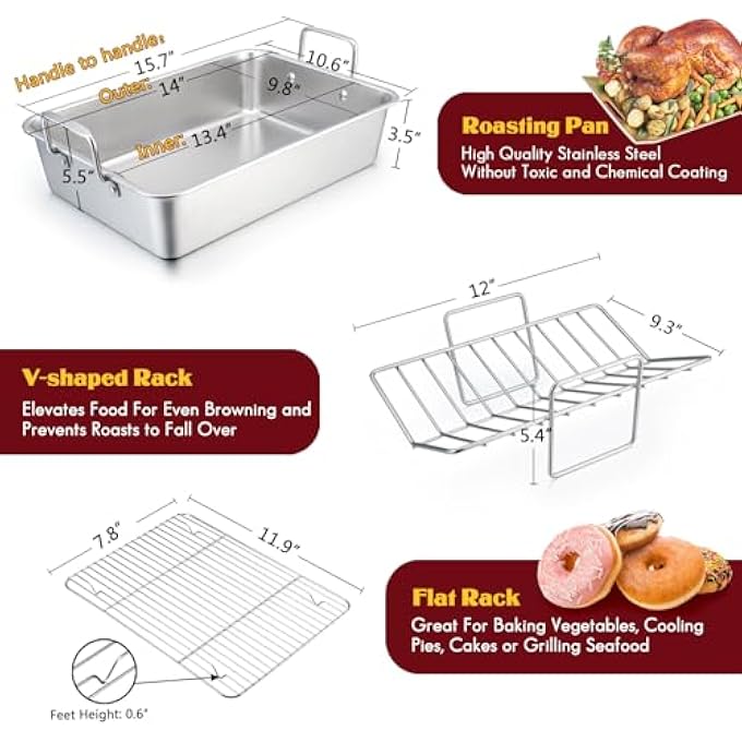 E-far Roasting Pan 14 Inch Stainless Steel Turkey Roaster With Rack Include Deep Lasagna Pan  VShaped Rack  Roasting Rack NonToxic  Heavy Duty Easy Clean  Dishwasher Safe  Rectangular - Image 3
