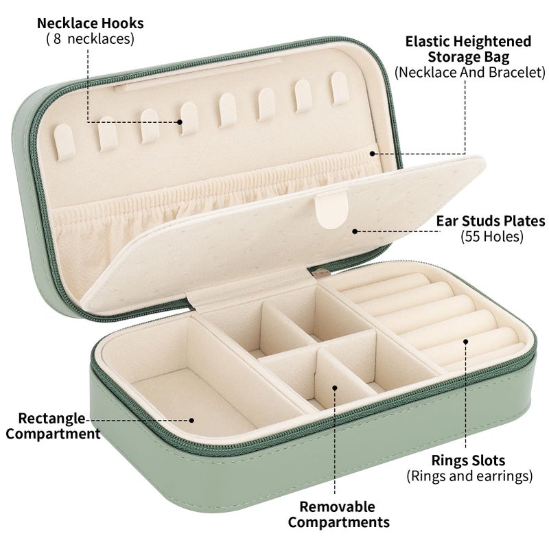 DesignSter Travel Jewelry Box, PU Leather Portable Jewelry Case, Small Jewelry Boxes for Gifts, Travel Jewelry Organizer for Women Rings Earrings Necklaces Bracelets (Avocado Green) - Image 2