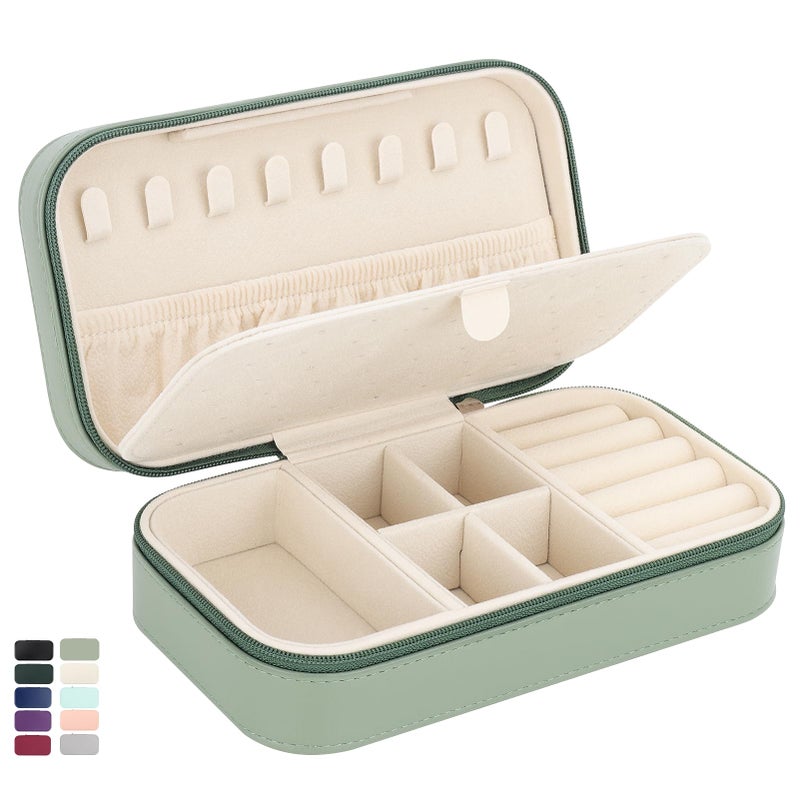 DesignSter Travel Jewelry Box, PU Leather Portable Jewelry Case, Small Jewelry Boxes for Gifts, Travel Jewelry Organizer for Women Rings Earrings Necklaces Bracelets (Avocado Green) - Image 1