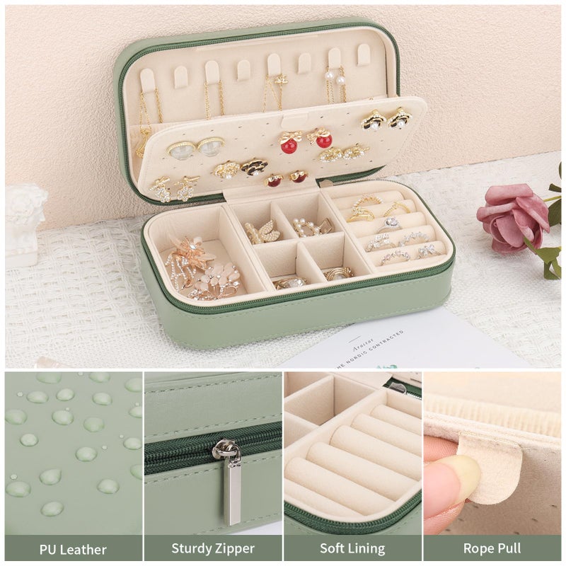 DesignSter Travel Jewelry Box, PU Leather Portable Jewelry Case, Small Jewelry Boxes for Gifts, Travel Jewelry Organizer for Women Rings Earrings Necklaces Bracelets (Avocado Green) - Image 4
