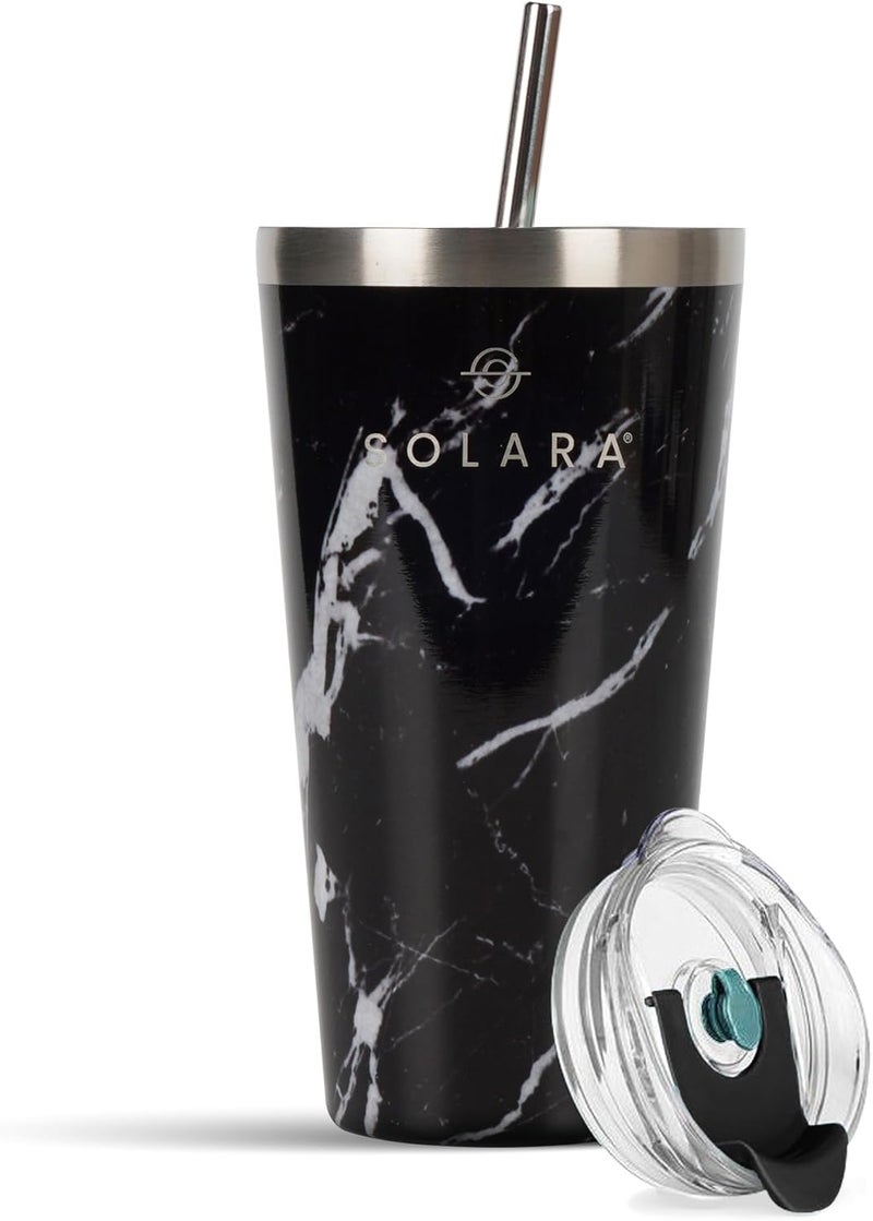 SOLARA Tumbler with lid and Straw 475ml, Double Wall Insulated Stainless Steel Coffee Tumbler, Travel Mug with Lid, Hot and Cold Coffee Mug with lid for Office, Home and Travel -Black Marble - Image 1
