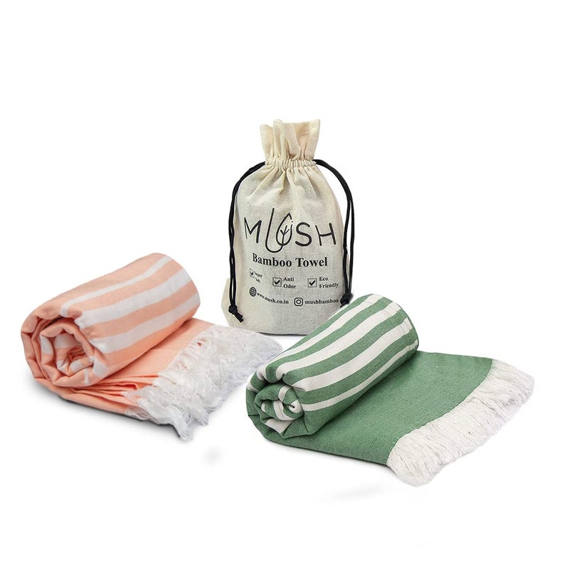Mush 100% Bamboo Light Weight & Ultra-Compact Turkish Towel Super Soft, Absorbent, Quick Dry, Anti-Odor Bamboo 250 Tc Towel For Bath, Travel, Gym, Swim And Workout (2, Peach - Dark Green) - Image 2