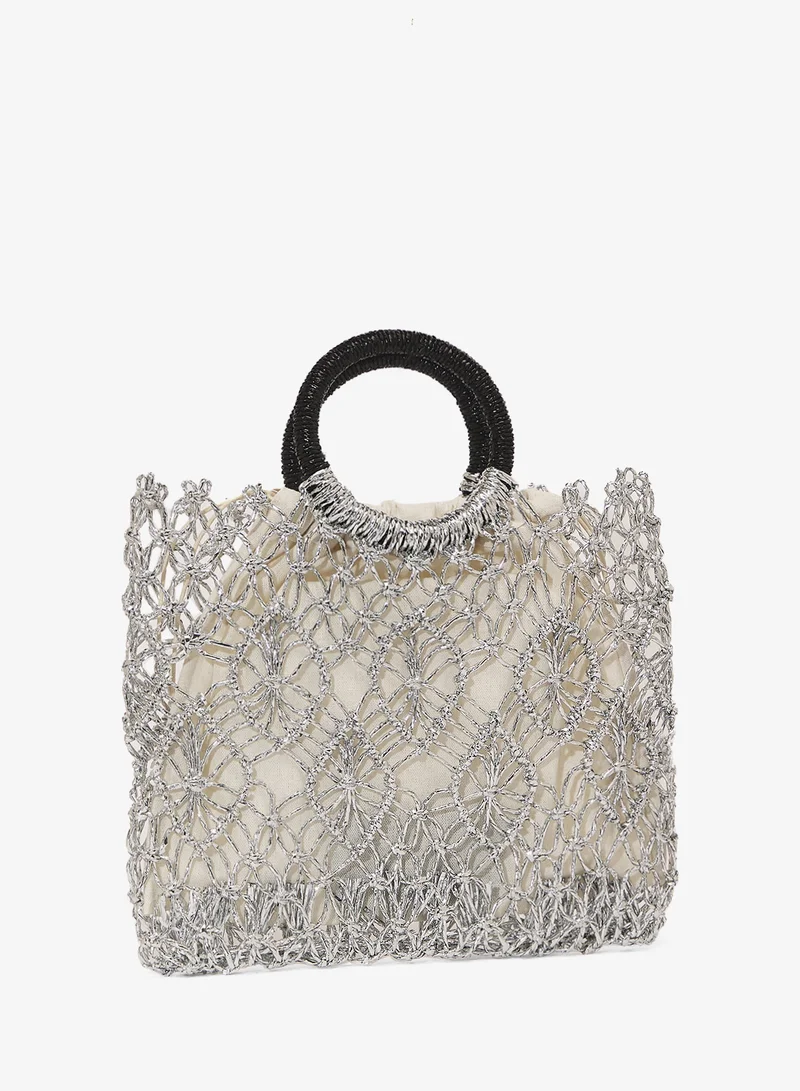 Khizana Silver Detailed Rattan Bag Ring Handle