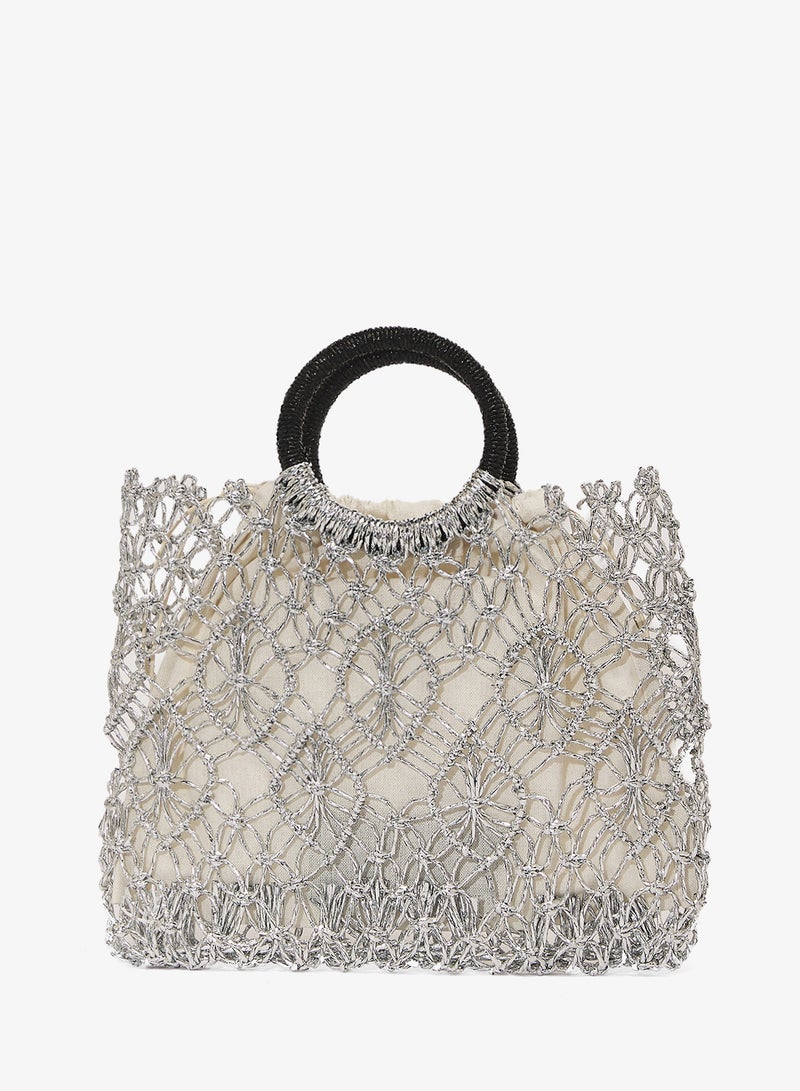 Khizana Silver Detailed Rattan Bag Ring Handle - Image 1