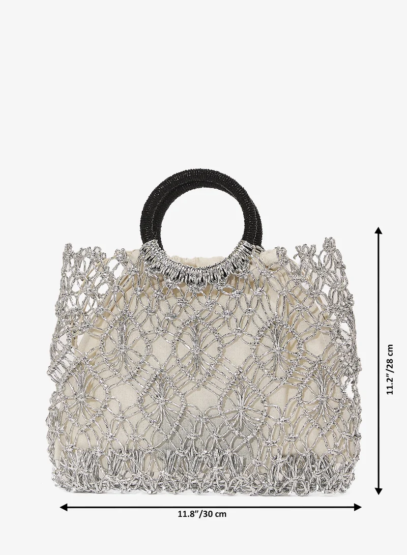 Khizana Silver Detailed Rattan Bag Ring Handle