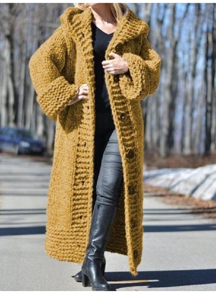 NIBEMINENT Women Hooded Knit Sweater Thick Coat Button Long Jumpers Solid Elegant Loose Coats Jumpers Casual Lady Winter - Image 1