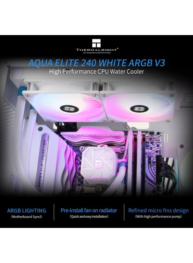 Thermalright Aqua Elite 240 White V3 Aio CPU Cooler,240 Liquid Cooling Row,ARGB PWM Cooler Fans,for Intel LGA1150/1151/1155/1156/1200/2011/1700,AMD:AM4/AM5,PC Cooler Aio - Image 3