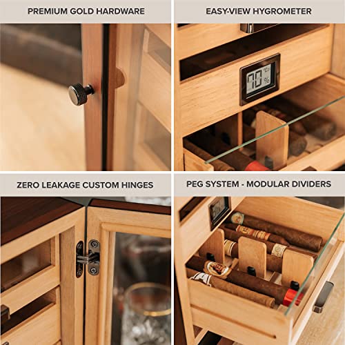 CASE ELEGANCE Luca Humidor Cabinet Stores 80-100, Cigar Humidor Box with Spanish Cedar, Glass Display, Easy Humidification System, Digital Hygrometer - Brown - Image 3