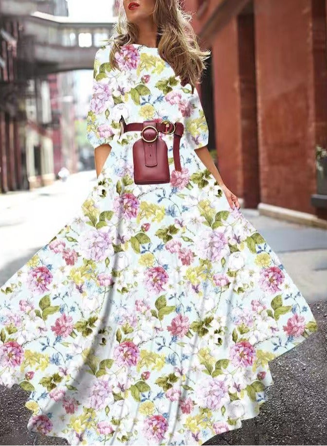 NIBEMINENT Women's Dress Printed Large Skirt Elegant Chiffon Floral Fitted Long Dress - Image 1