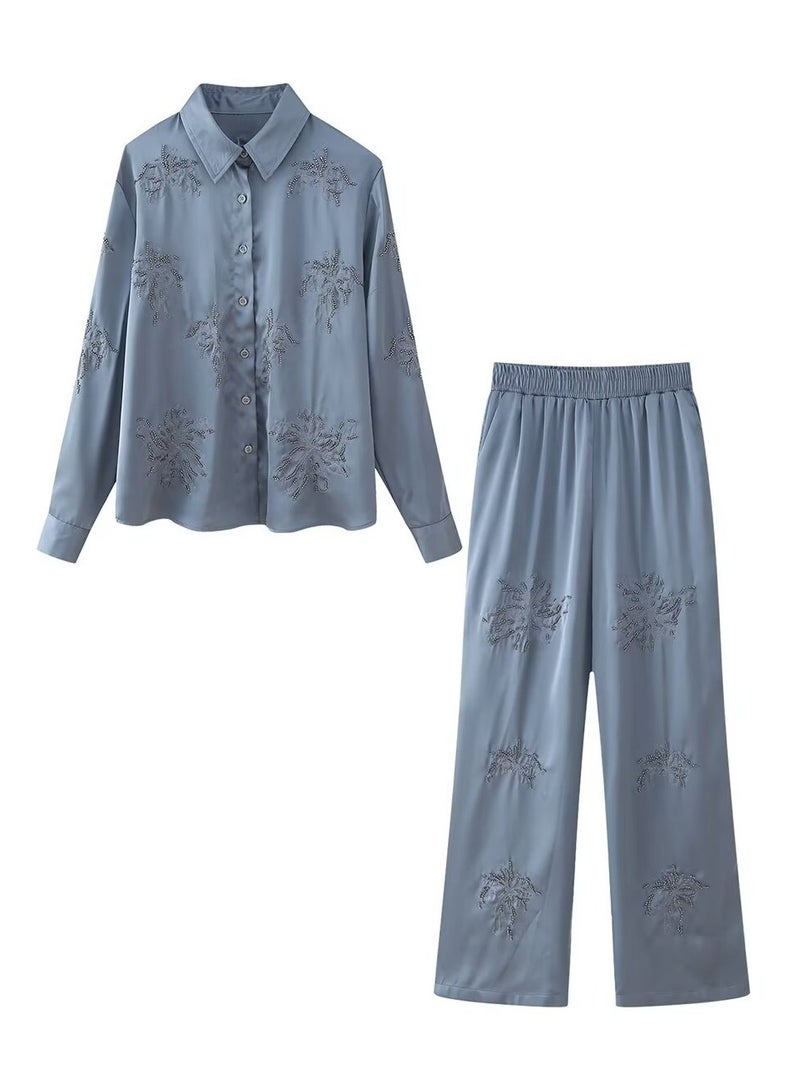 Shougu Casual Style Beaded Embroidered Shirt Straight Leg Pants Set  - Image 1