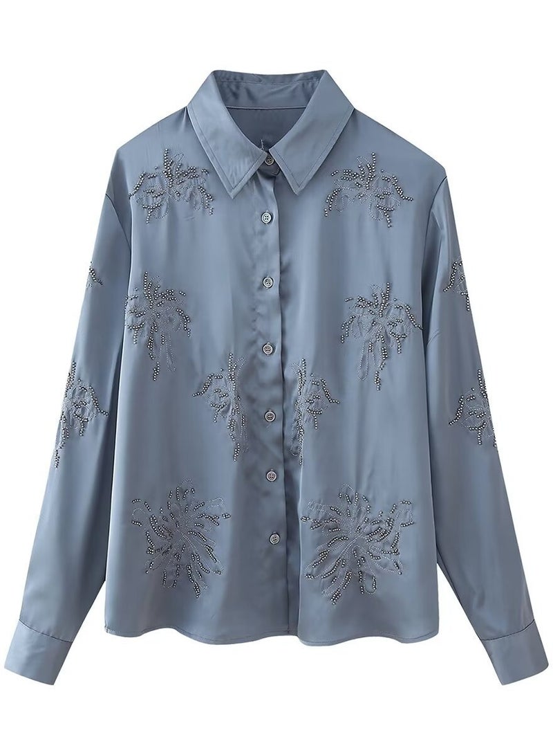 Shougu Casual Style Beaded Embroidered Shirt Straight Leg Pants Set  - Image 2