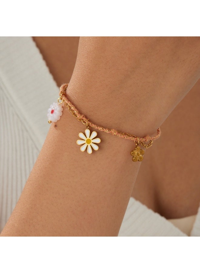 18K Gold-Plated Stainless Steel Bracelet with Handmade Braided Rope & Flower Pendant - Image 4