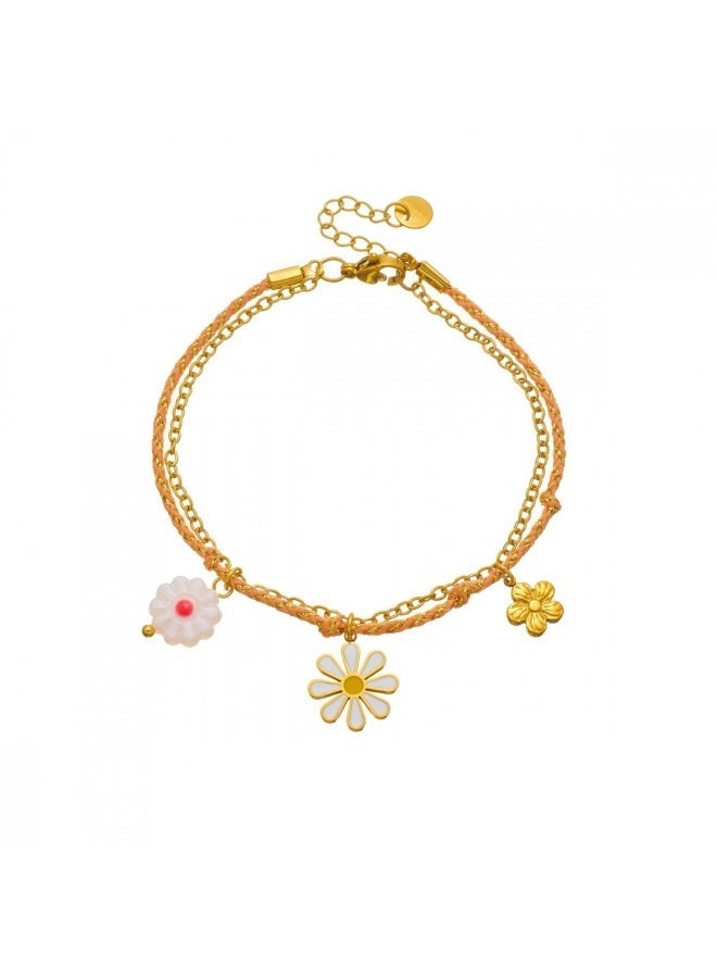 18K Gold-Plated Stainless Steel Bracelet with Handmade Braided Rope & Flower Pendant - Image 1