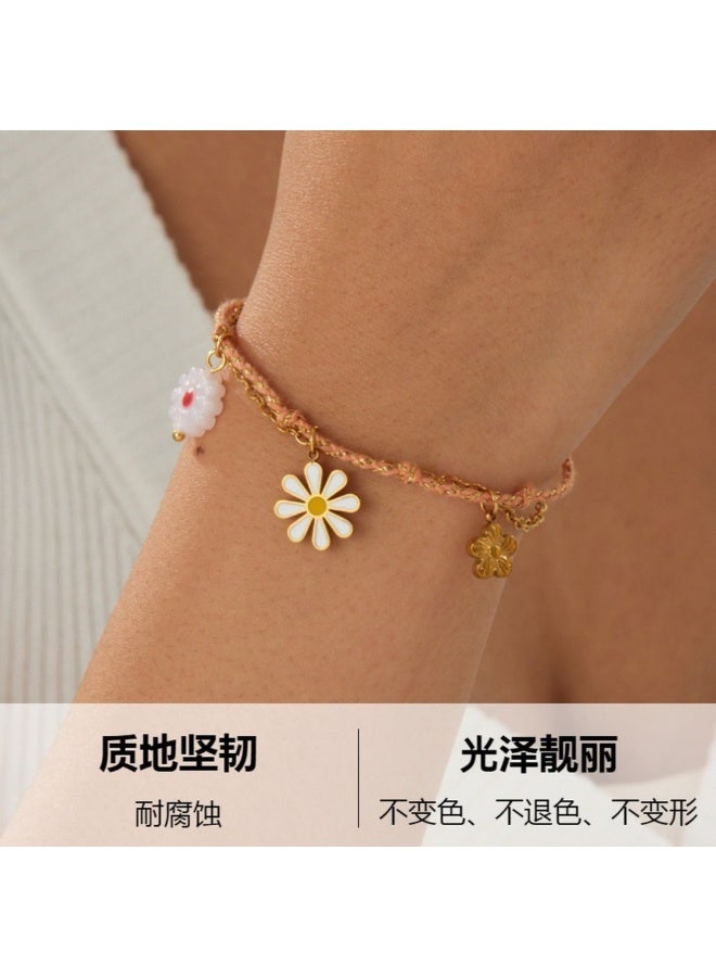 18K Gold-Plated Stainless Steel Bracelet with Handmade Braided Rope & Flower Pendant - Image 2