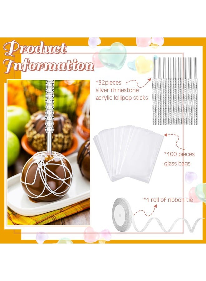 Jetec 32 Pack 6 Inch Bling Pop candy Sticks Set Acrylic Rhinestone Lollipop Sticks Cake Pop Sucker Sticks with 100 pieces Glass Bags and Silver Glitter Ribbons Tie for Cake Fruit Christmas Party Favor - Image 4