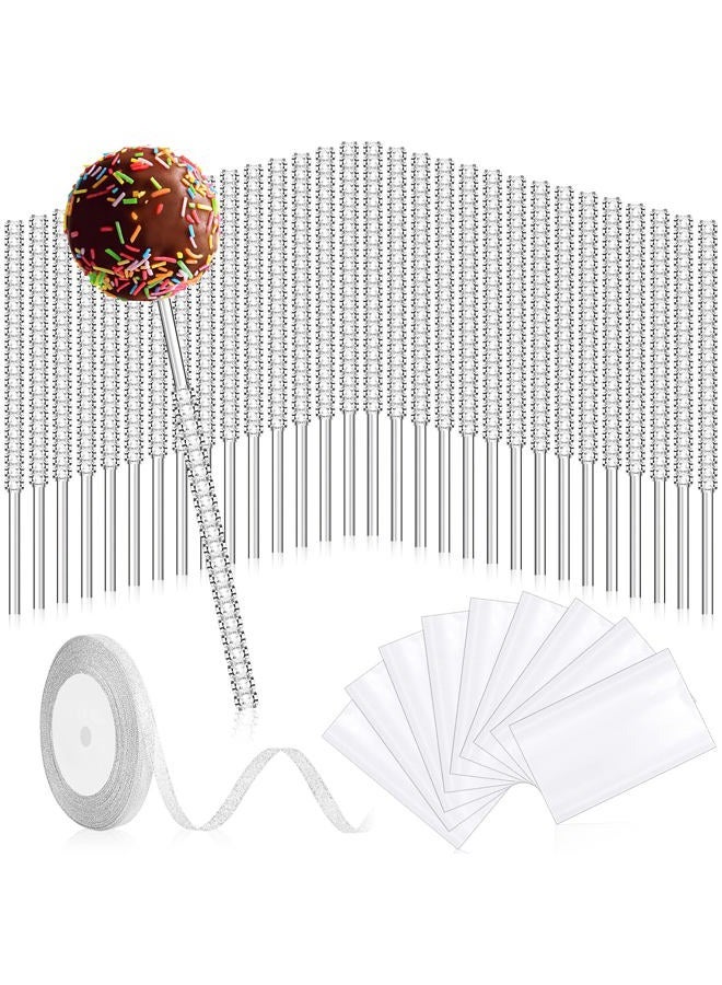 Jetec 32 Pack 6 Inch Bling Pop candy Sticks Set Acrylic Rhinestone Lollipop Sticks Cake Pop Sucker Sticks with 100 pieces Glass Bags and Silver Glitter Ribbons Tie for Cake Fruit Christmas Party Favor - Image 1