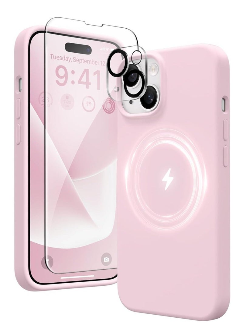 ELTRAZONE 5-in-1 iPhone 15 Case – Magnetic, MagSafe-Compatible with 2x Screen Protectors & Camera Lens Protectors, Slim Skin-Like Silicone, 6.1" Pastel Pink