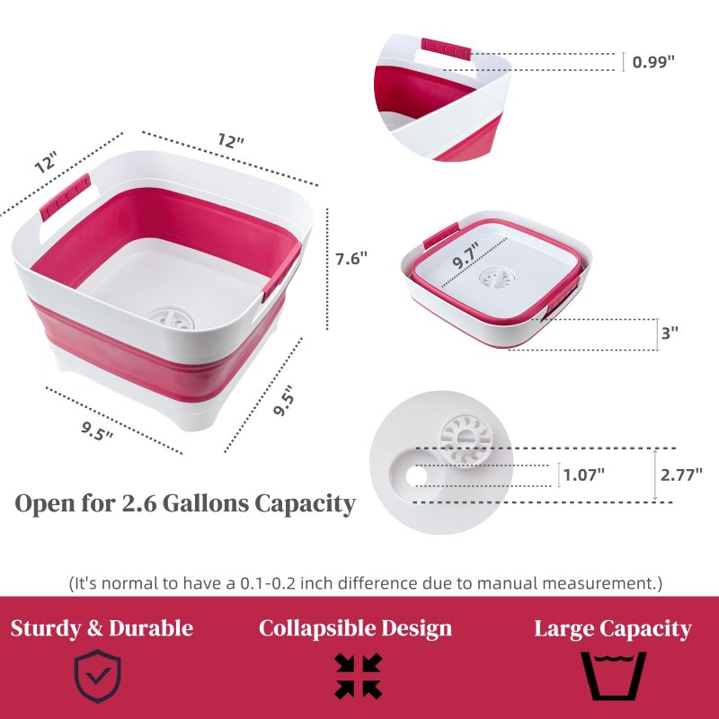 GIMWA 2.6 Gal(10L) Collapsible Camping Sink, Magenta Space-Saving Collapsible Dish Basin with Drain Plug for bottle washing, Collapsible Bucket for RV Essentials and Foot Soaking - Image 3