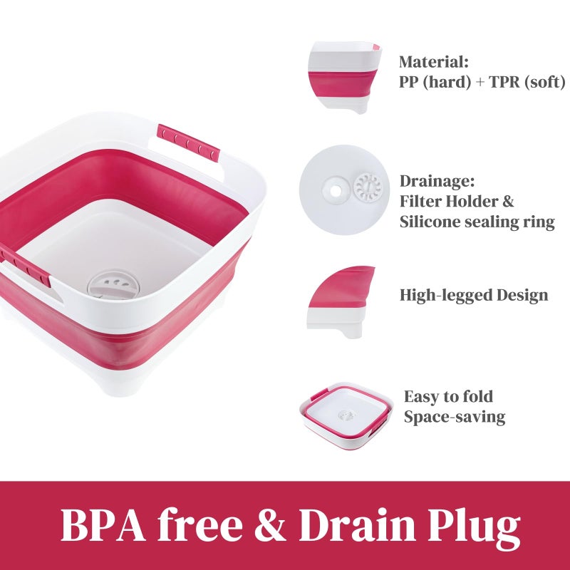 GIMWA 2.6 Gal(10L) Collapsible Camping Sink, Magenta Space-Saving Collapsible Dish Basin with Drain Plug for bottle washing, Collapsible Bucket for RV Essentials and Foot Soaking - Image 4
