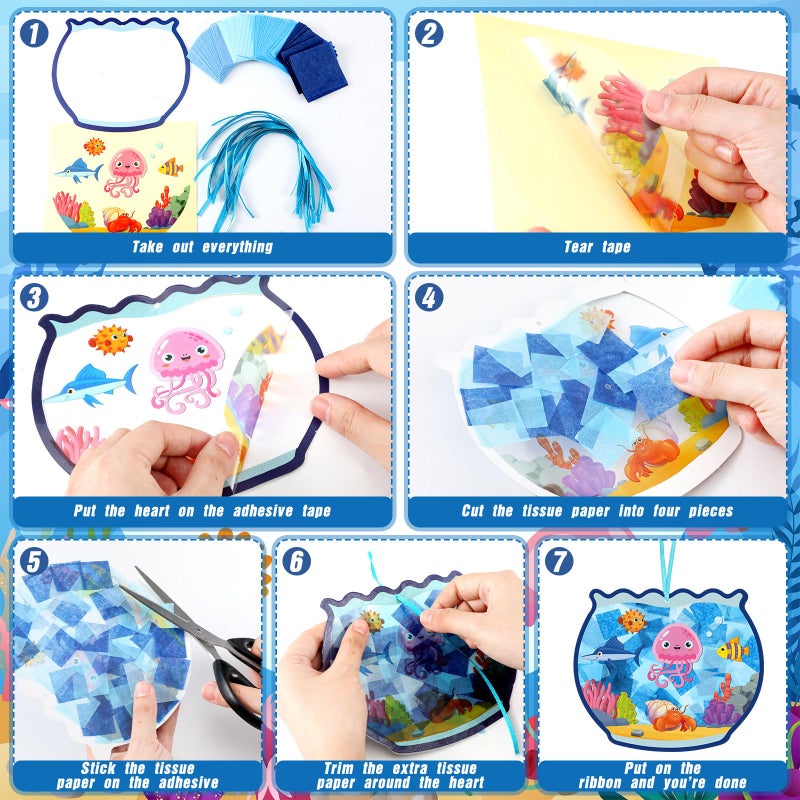 Supervitae 24 Sets Fishbowl Paper Crafts Kits Summer Crafts Sun Catchers Art Kits DIY Fish Tissue Paper Sign Make an Ocean Animals Worlds Stickers Scene for Window Activities Game Party Decor - Image 5