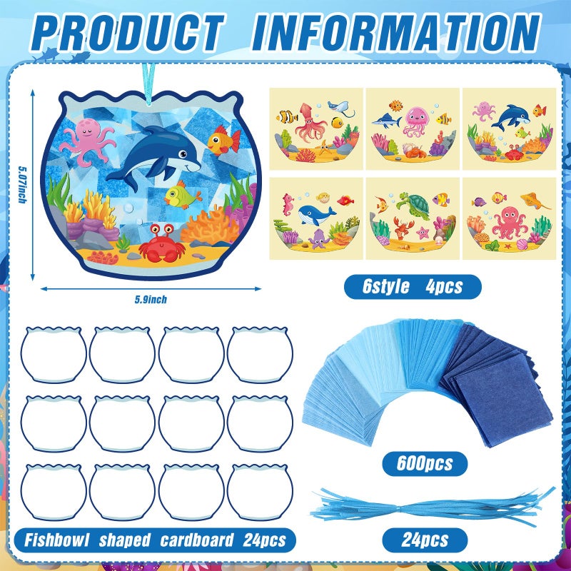 Supervitae 24 Sets Fishbowl Paper Crafts Kits Summer Crafts Sun Catchers Art Kits DIY Fish Tissue Paper Sign Make an Ocean Animals Worlds Stickers Scene for Window Activities Game Party Decor - Image 3