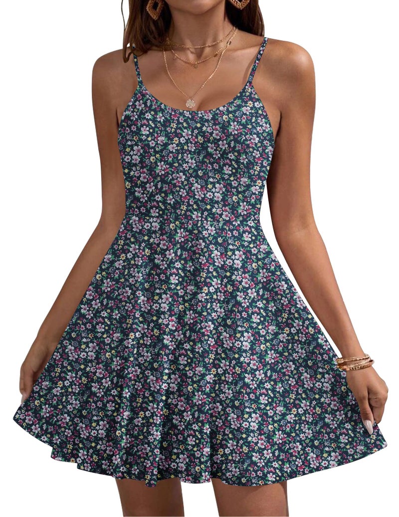 HOTOUCH Women's Casual Summer Dress Sleeveless Adjustable Spaghetti Strap A Line Sun Dresses with Pockets Purple Floral - Image 1