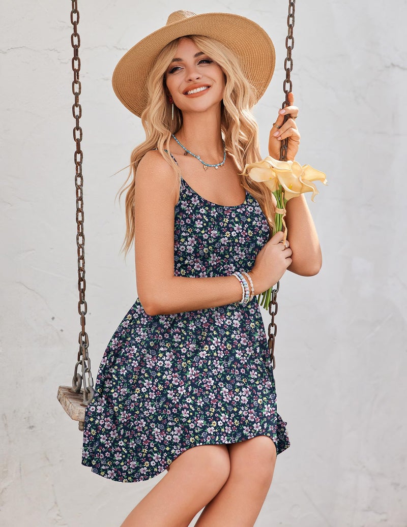 HOTOUCH Women's Casual Summer Dress Sleeveless Adjustable Spaghetti Strap A Line Sun Dresses with Pockets Purple Floral - Image 5