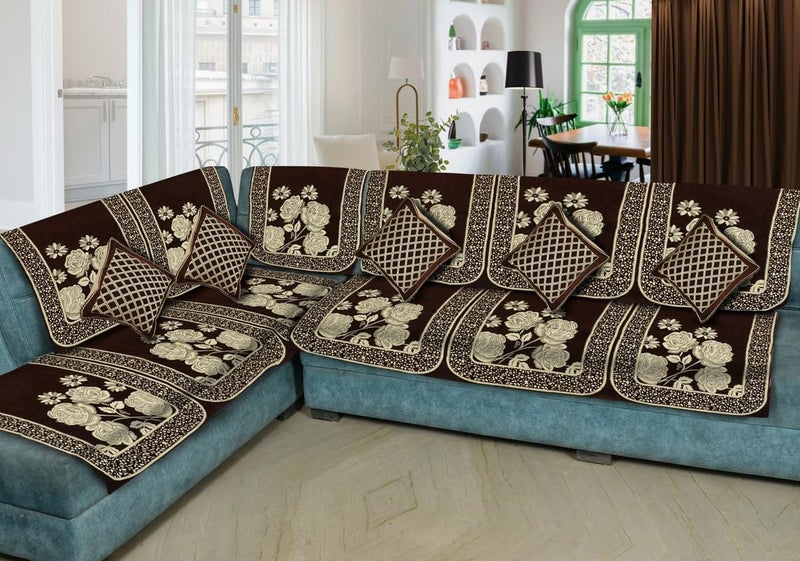 Dazzling DECOR Velvet L Shape Flower Design 7 Seater Sofa Cover with 5 Cushions | Anti-Slip Sofa Protector Covers | Sofa Slipcovers for Living Room - Brown - Image 4