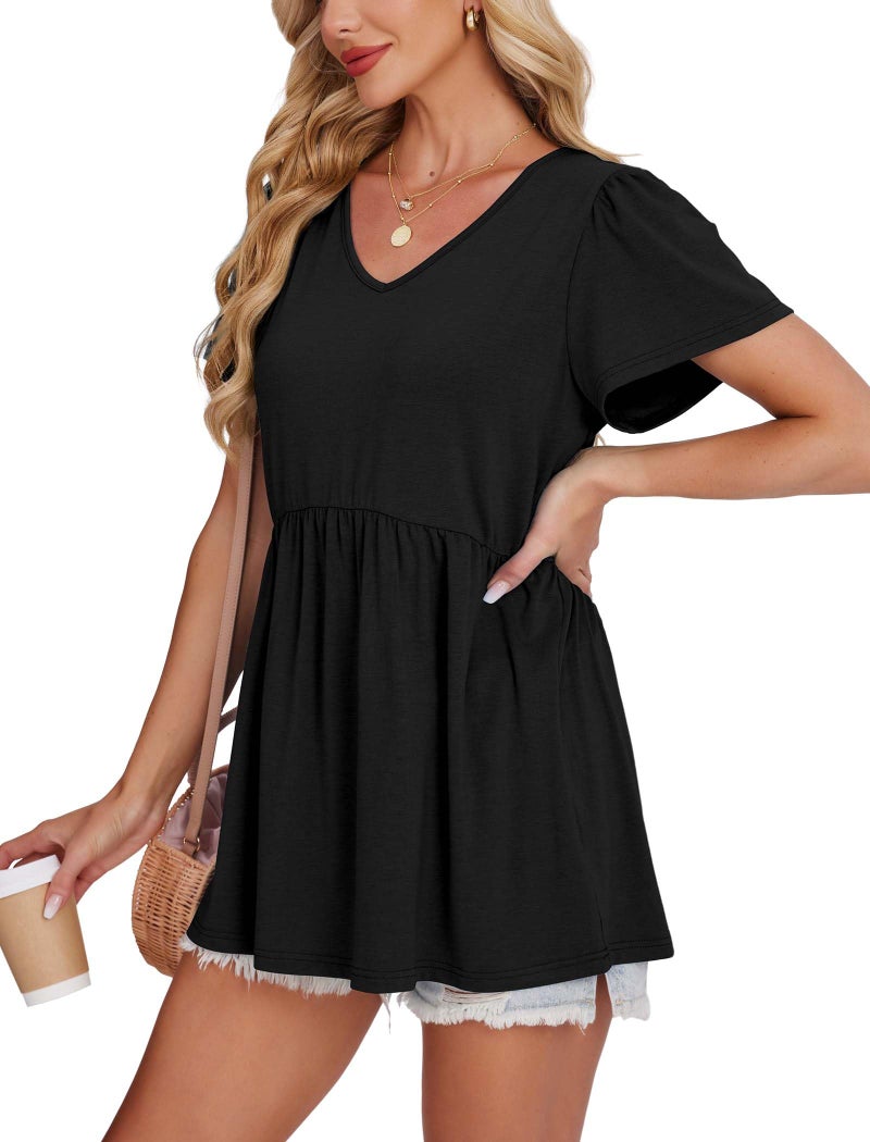 OFEEFAN Women's Clothing Tshirts Shirts for Women Fashion Clothing Spring Top Black Peplum Tops V Neck T Shirts Beach Vacation Clothes Tunic Tops Loose Fit Dressy L - Image 4