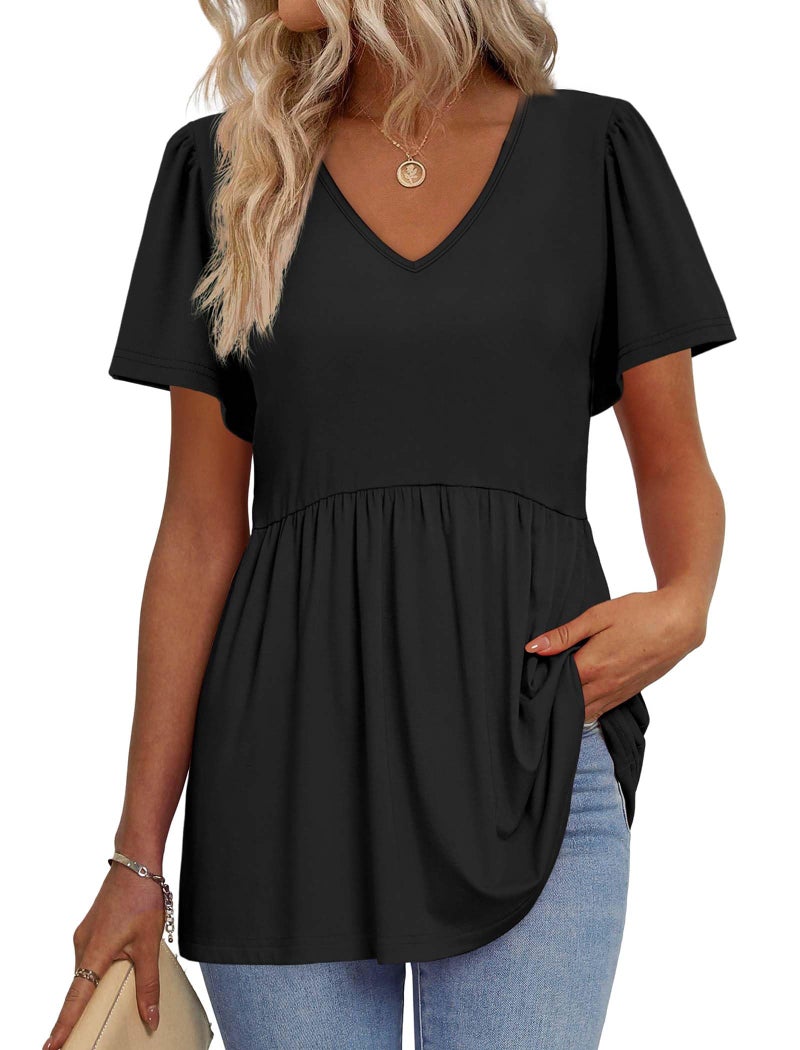 OFEEFAN Women's Clothing Tshirts Shirts for Women Fashion Clothing Spring Top Black Peplum Tops V Neck T Shirts Beach Vacation Clothes Tunic Tops Loose Fit Dressy L - Image 1