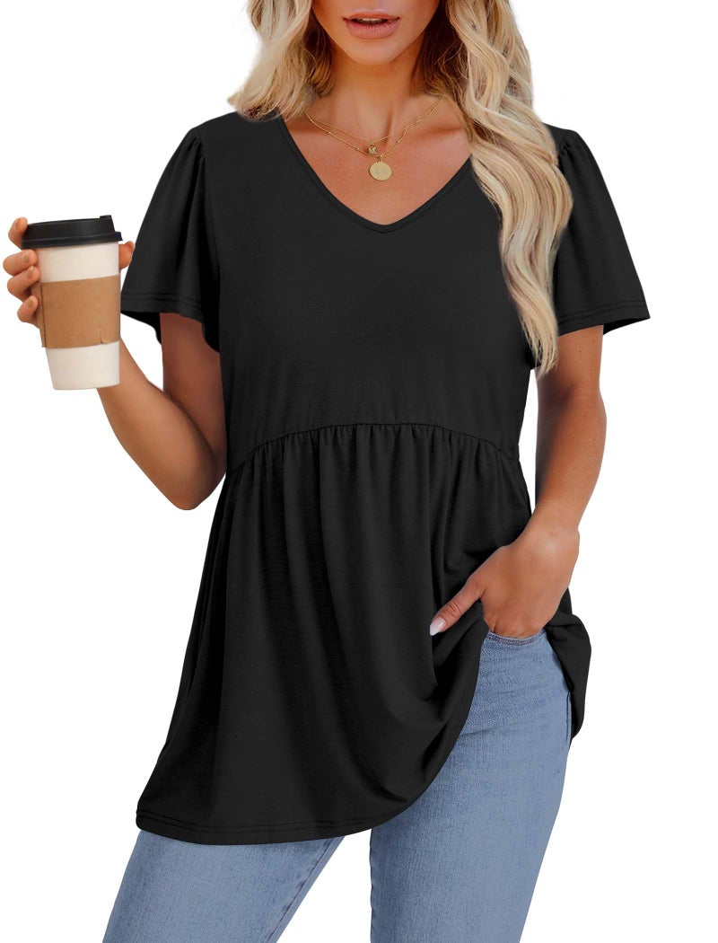 OFEEFAN Women's Clothing Tshirts Shirts for Women Fashion Clothing Spring Top Black Peplum Tops V Neck T Shirts Beach Vacation Clothes Tunic Tops Loose Fit Dressy L - Image 2