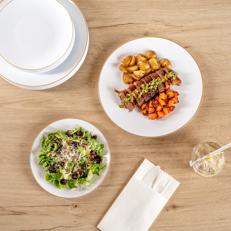 Restaurantware-Moderna Premium Disposable Plates, 40 Durable Plastic Plates For Parties - Gold-rimmed, 7 And 10 Inch Plates, White Plastic Dinner Plates, For Warm And Cold Foods, Ideal For Restaurants - Image 4