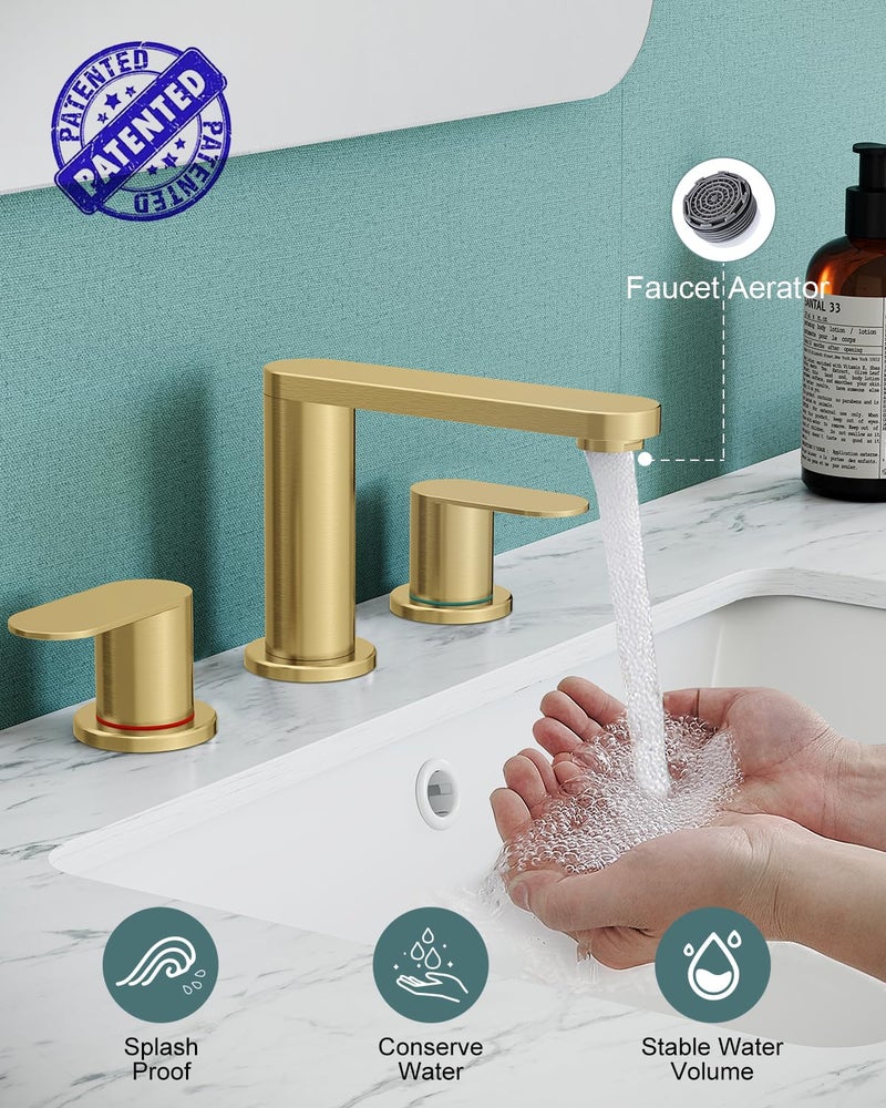 BWE Brushed Gold Bathroom Faucet 3 Hole, 8 Inch Widespread Gold Bathroom Faucets with Pop-up Drain and Supply Lines, 360Â° Swivel Spout 2-Handle Sink Faucet for Bath Vanity - Image 2